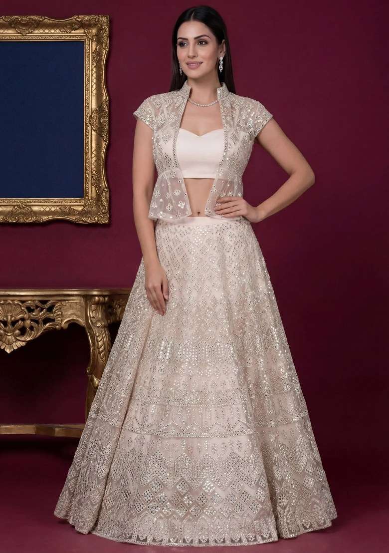 Off White Net Lehenga Set with Embroidered for Diwali | Wedding & Festive Wear - Indya
