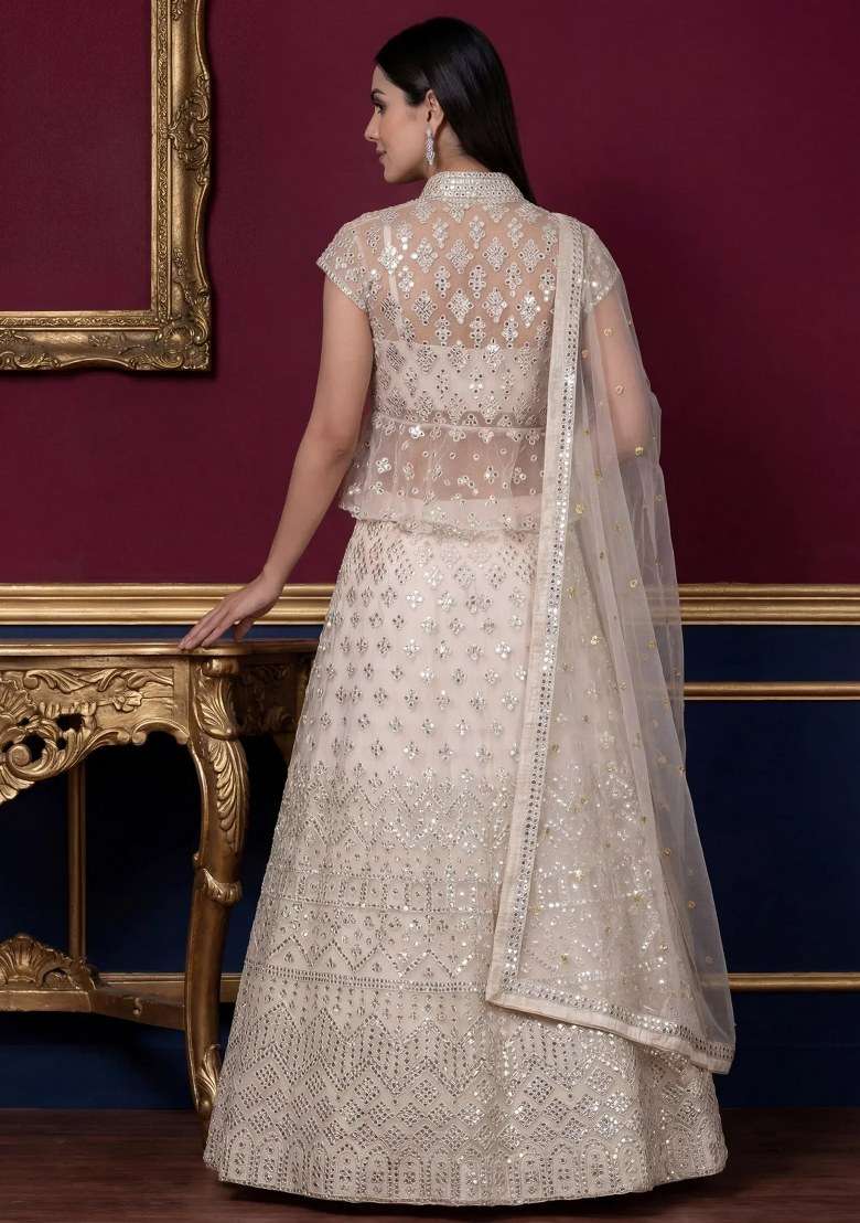 Off White Net Lehenga Set with Embroidered for Diwali | Wedding & Festive Wear - Indya