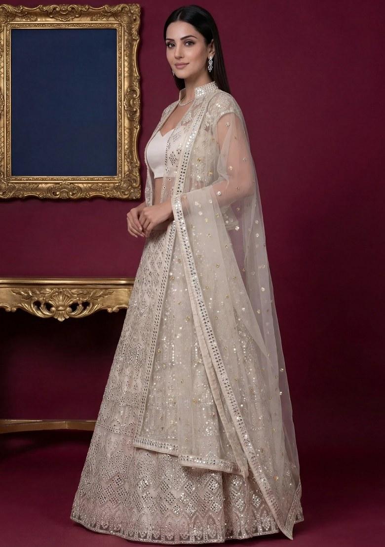 Off White Embroidered Net Lehenga Set - Indya