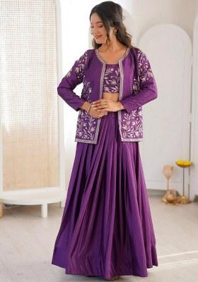 Purple Embroidered Silk Lehenga Set