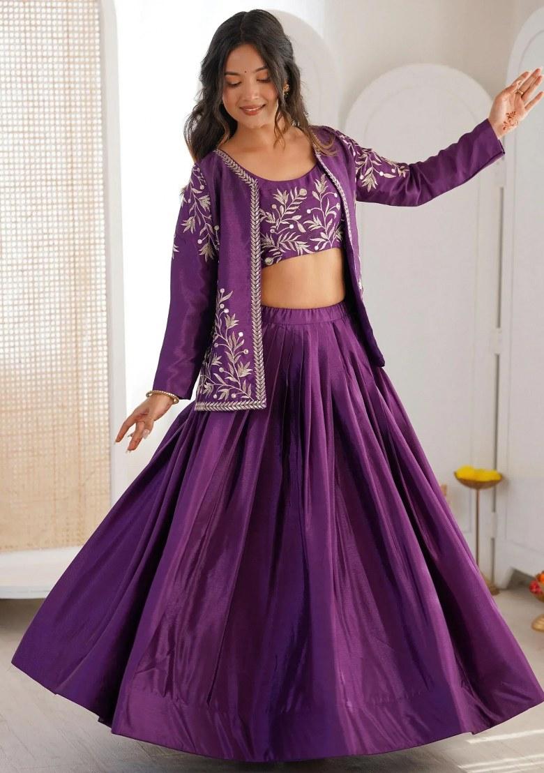 Purple Embroidered Silk Lehenga Set - Indya