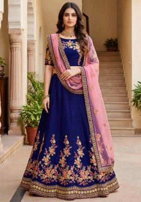 Blue Embroidered Silk Lehenga Set