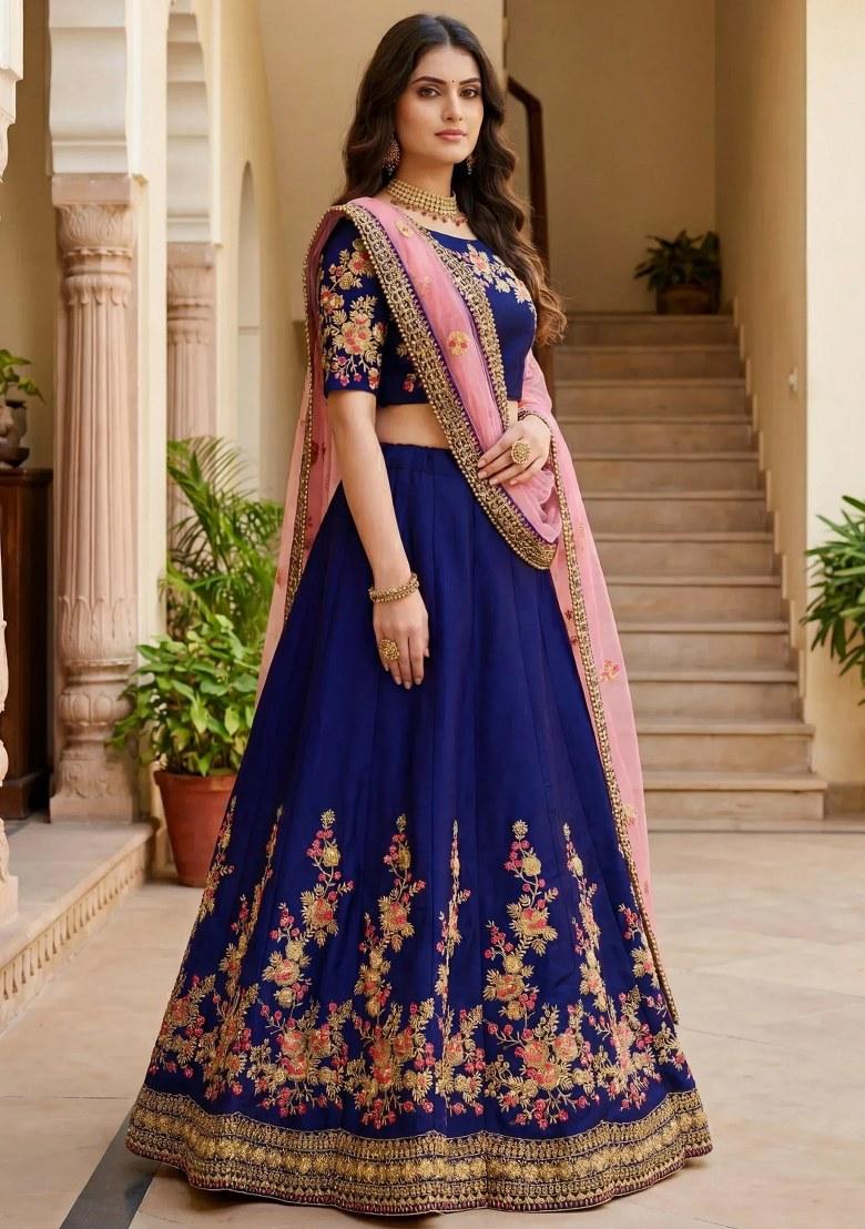 Blue Embroidered Silk Lehenga Set - Indya
