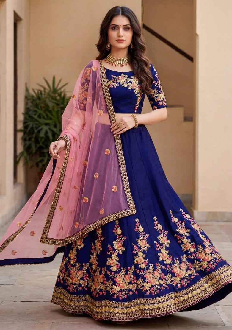 Blue Embroidered Silk Lehenga Set - Indya