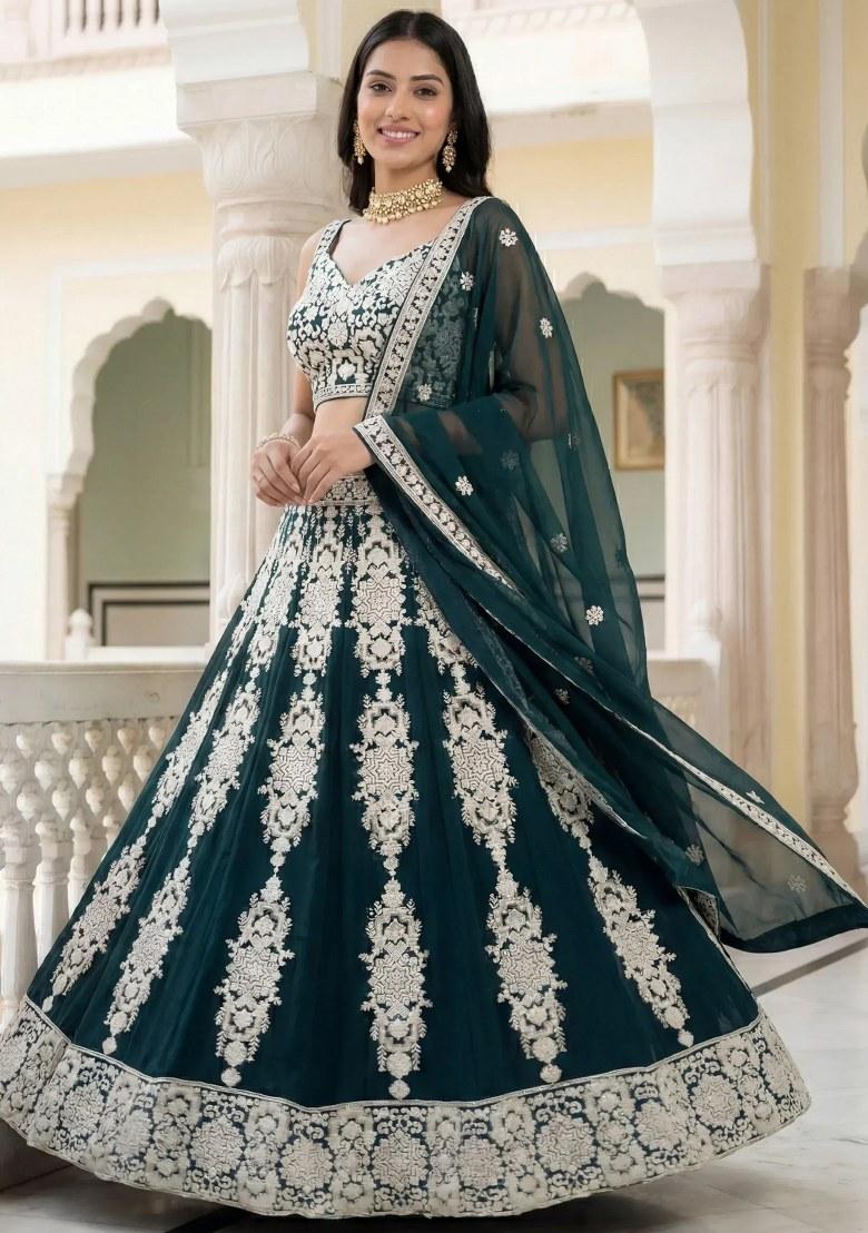 Green Embroidered Georgette Lehenga Set - Indya