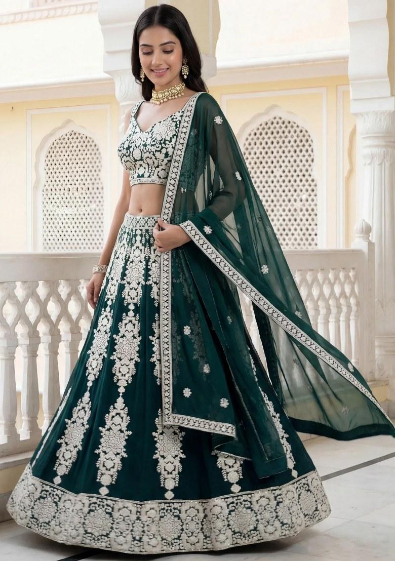 Green Embroidered Georgette Lehenga Set - Indya