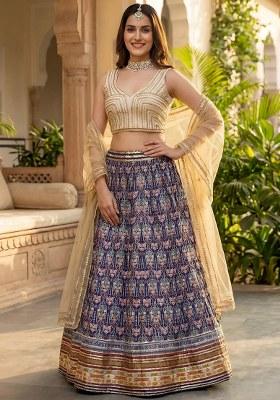 Blue Printed Silk Lehenga Set