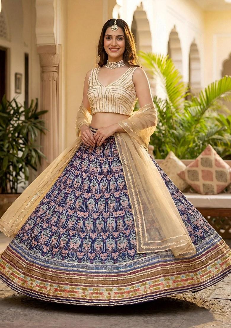 Blue Printed Silk Lehenga Set - Indya