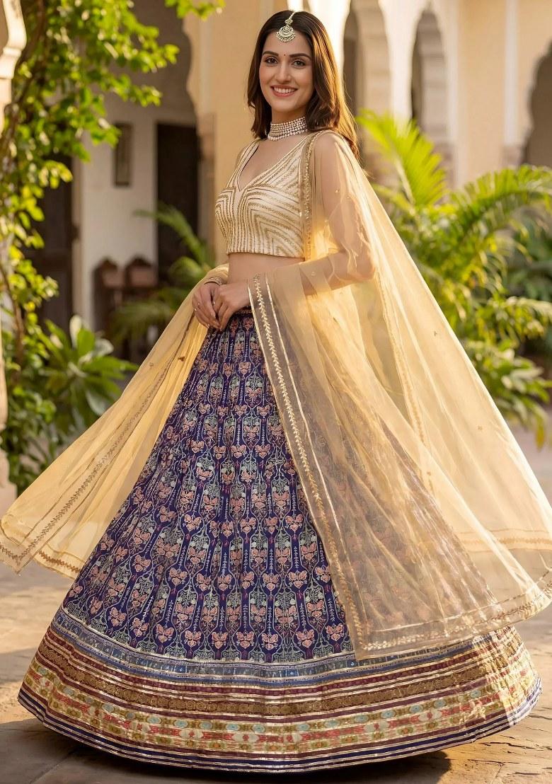 Blue Printed Silk Lehenga Set - Indya