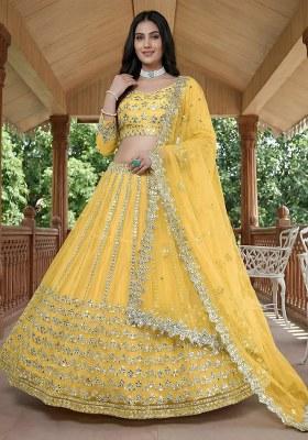 Yellow Foil Work Net Lehenga Set