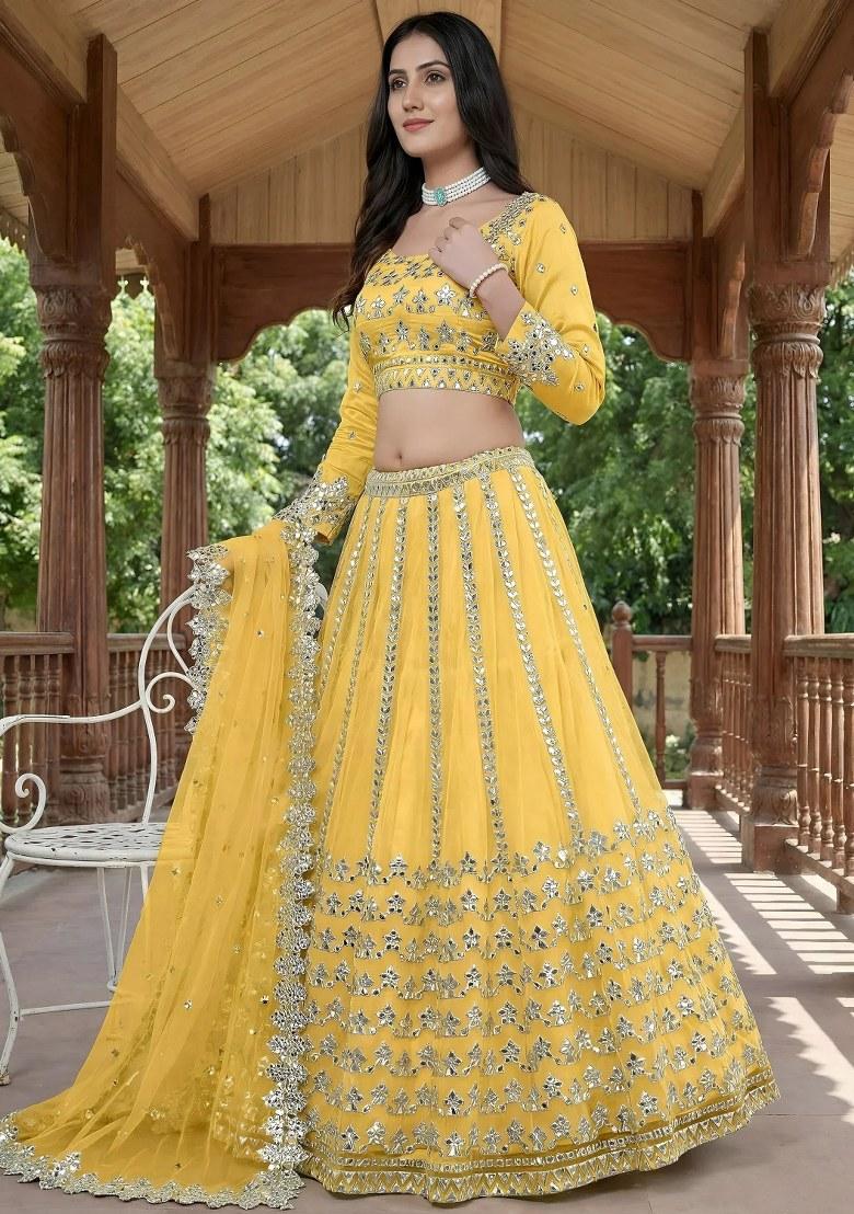 Yellow Foil Work Net Lehenga Set - Indya
