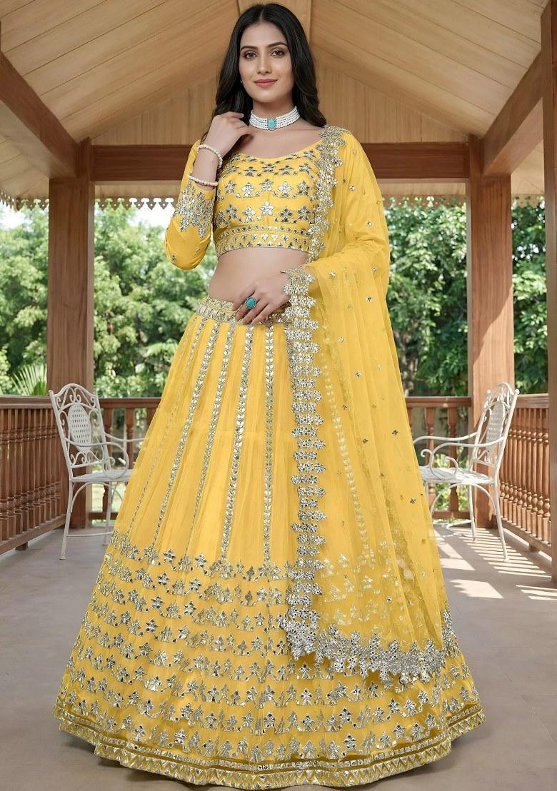 Yellow Foil Work Net Lehenga Set - Indya