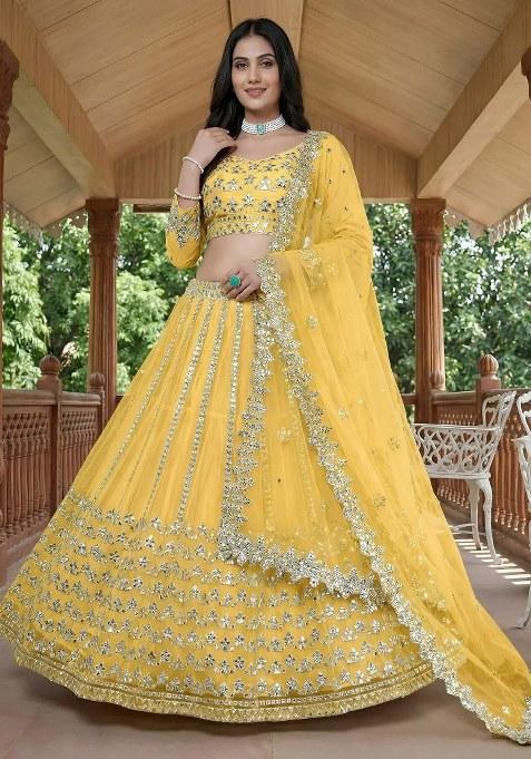 Yellow Foil Work Net Lehenga Set