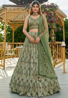 Green Embroidered Chinon Lehenga Set