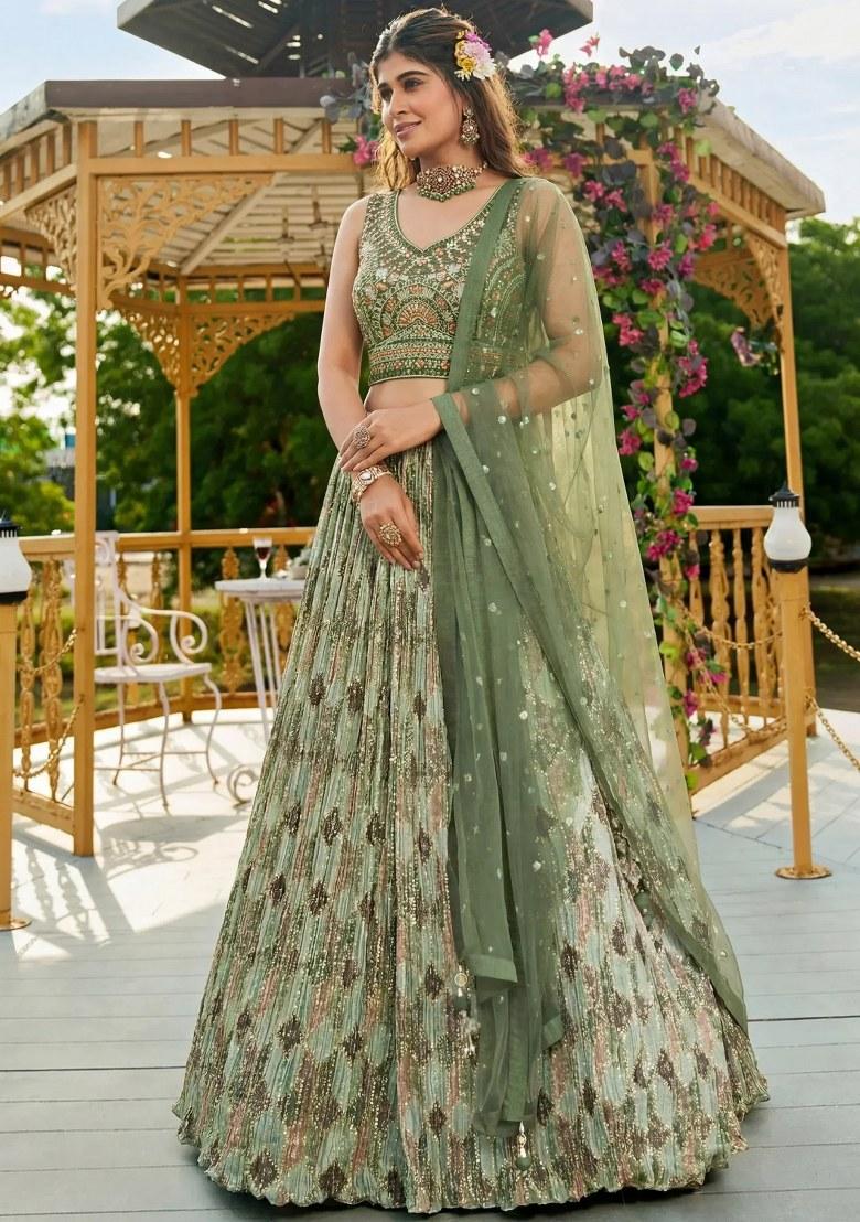 Green Embroidered Chinon Lehenga Set - Indya