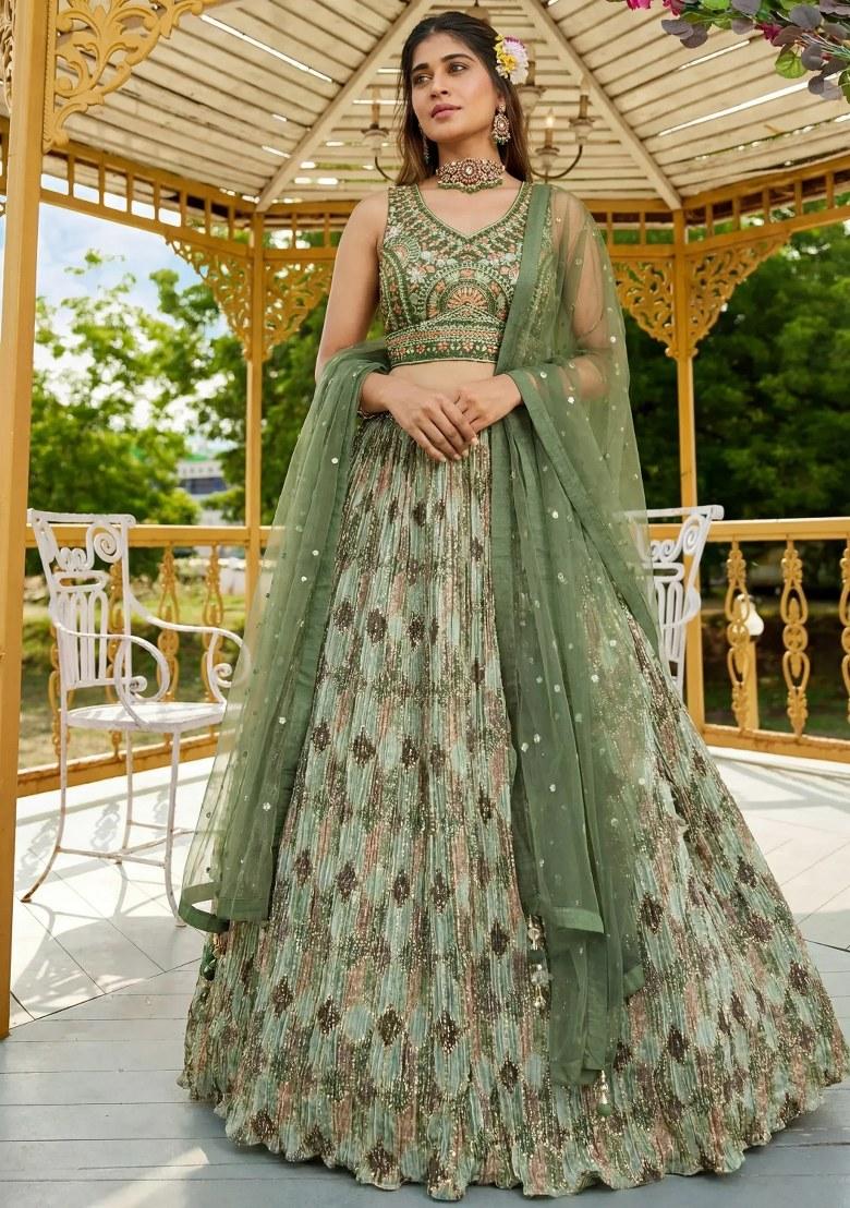 Green Embroidered Chinon Lehenga Set - Indya