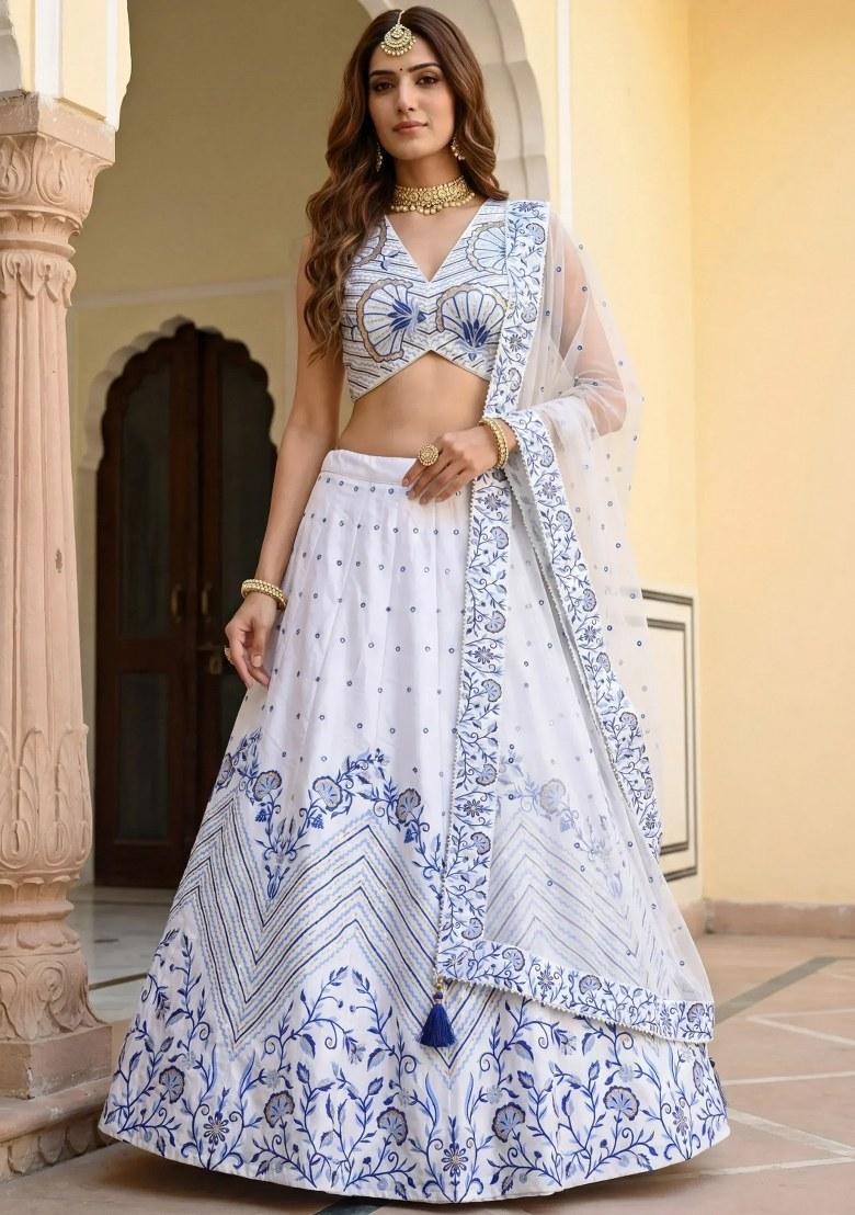 White Embroidered Satin Lehenga Set - Indya