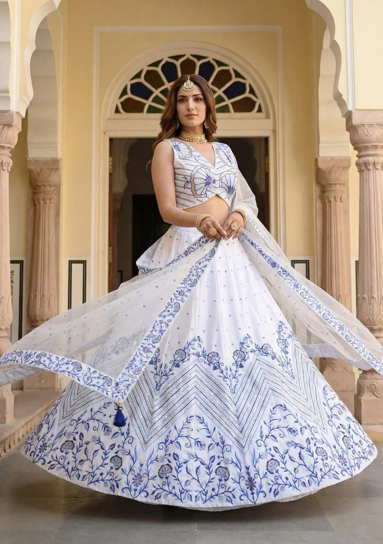 White Embroidered Satin Lehenga Set - Indya