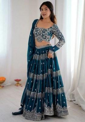 Blue Embroidered Georgette Lehenga Set