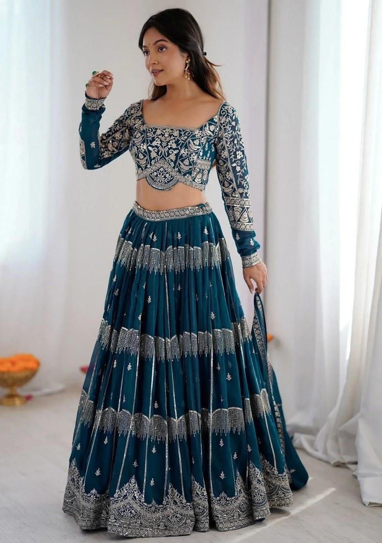Blue Embroidered Georgette Lehenga Set - Indya