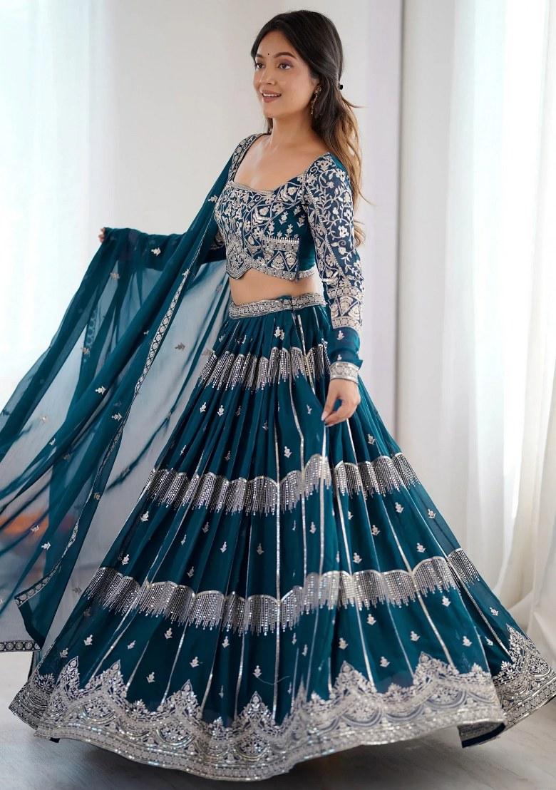 Blue Embroidered Georgette Lehenga Set - Indya