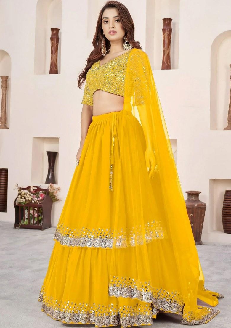 Yellow Sequin Work Georgette Lehenga Set - Indya
