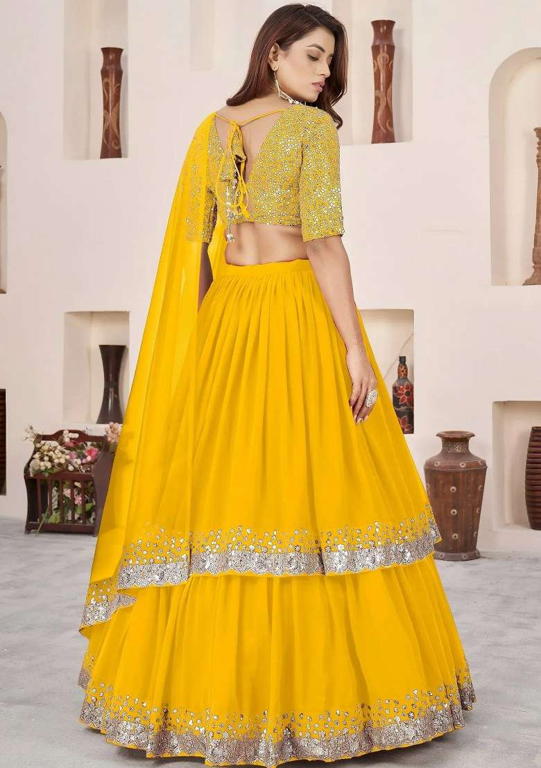 Yellow Work Georgette Lehenga Set with Sequin for Diwali | Wedding & Festive Wear - Indya