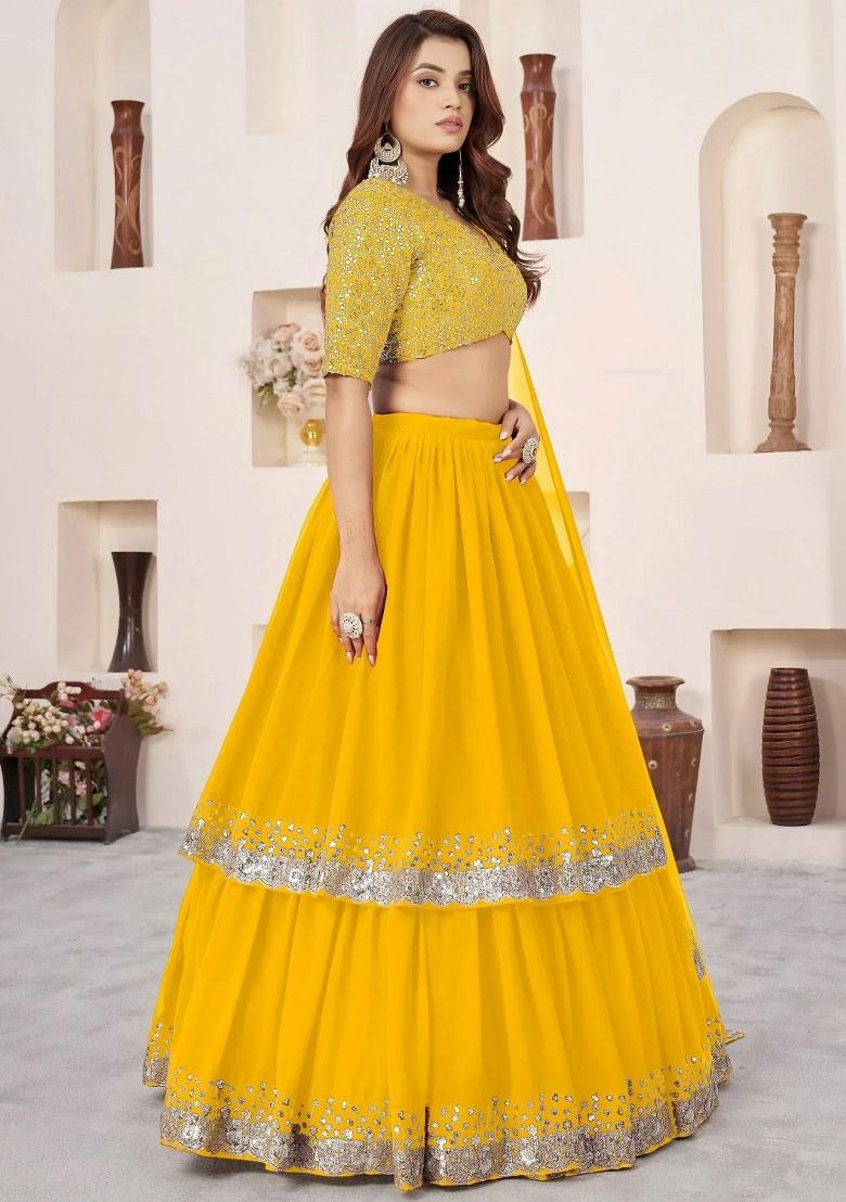 Yellow Sequin Work Georgette Lehenga Set - Indya
