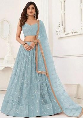 Blue Embroidered Net Lehenga Set