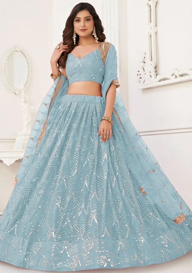 Blue Embroidered Net Lehenga Set - Indya