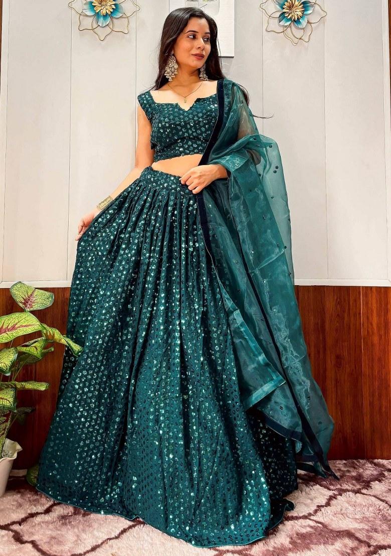 Green Sequin Work Georgette Lehenga Set - Indya