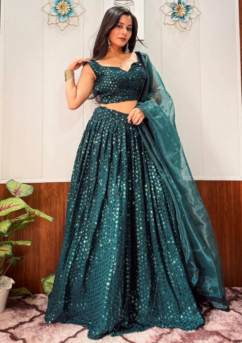 Green Sequin Work Georgette Lehenga Set - Indya