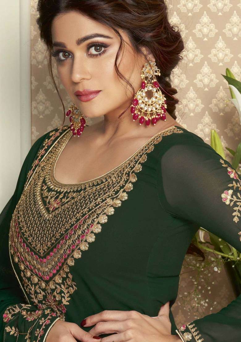Green Embroidered Silk Lehenga Set - Indya