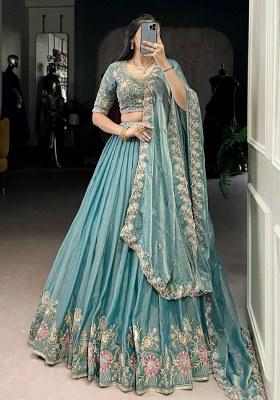 Sky Blue Embroidered Organza Lehenga Set
