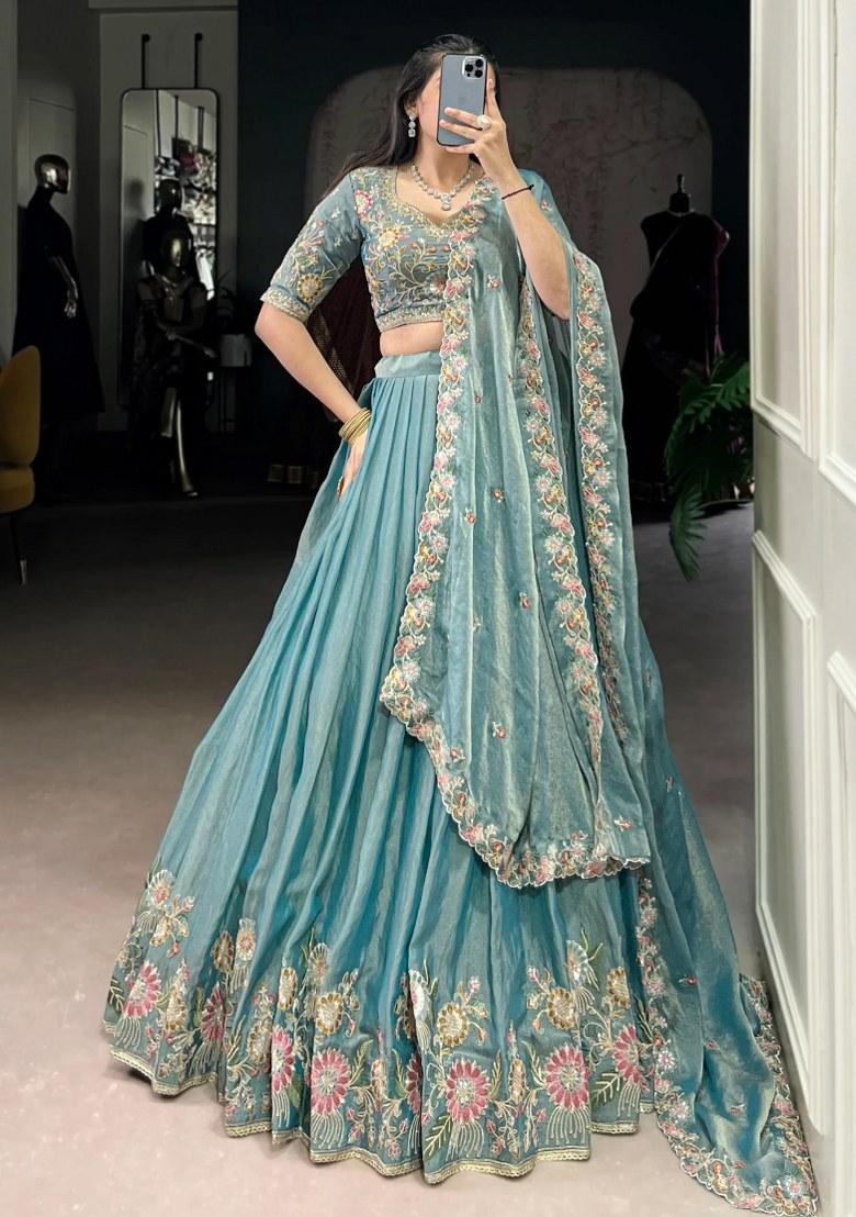 Sky Blue Embroidered Organza Lehenga Set - Indya