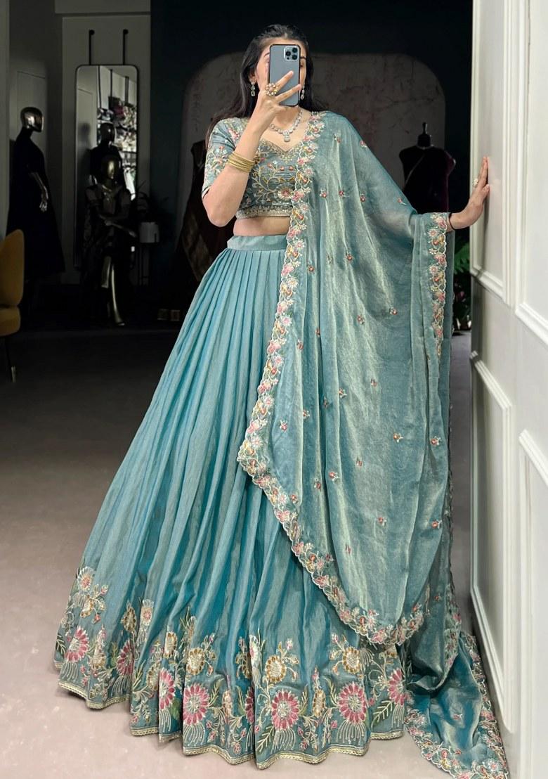 Sky Blue Embroidered Organza Lehenga Set - Indya