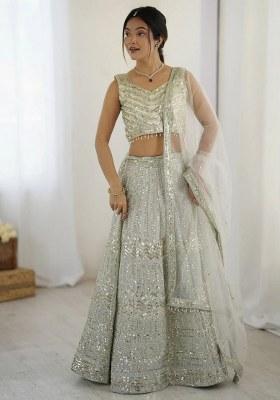Off White Embroidered Georgette Lehenga Set