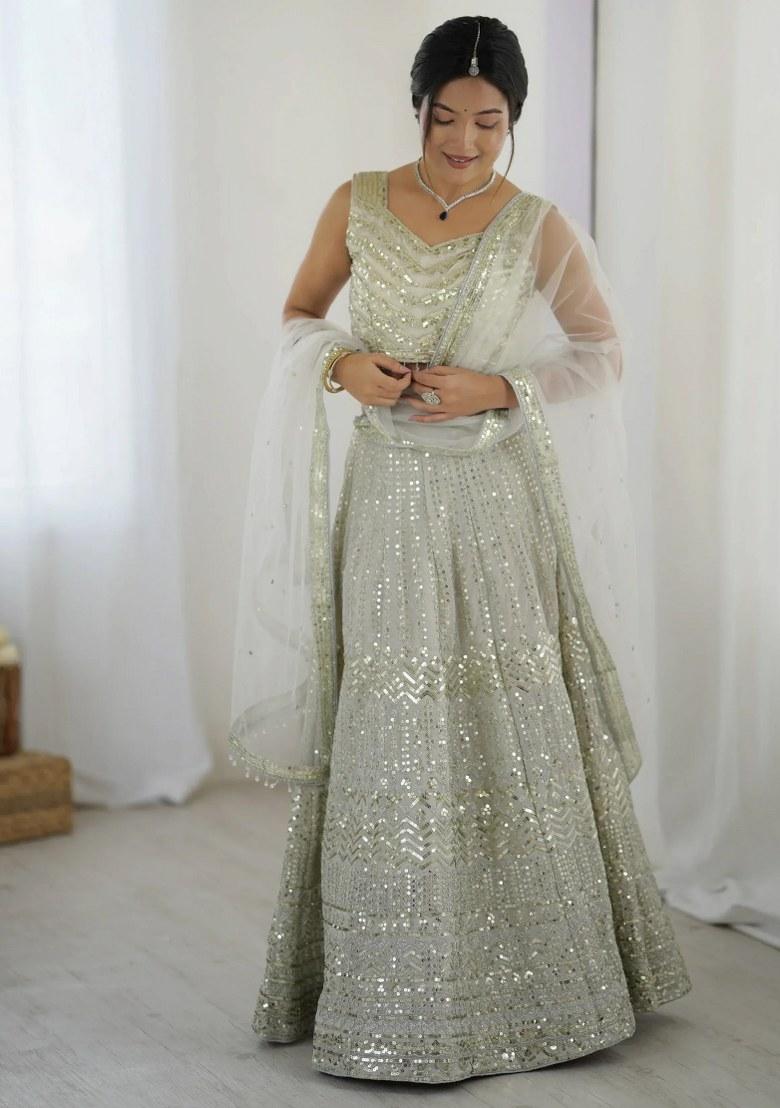 Off White Embroidered Georgette Lehenga Set - Indya