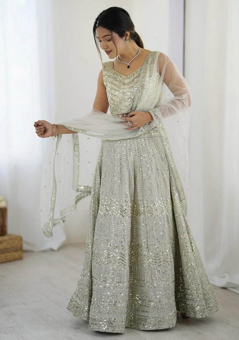 Off White Embroidered Georgette Lehenga Set - Indya