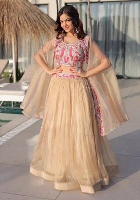 Cream Beads Work Organza Lehenga Set