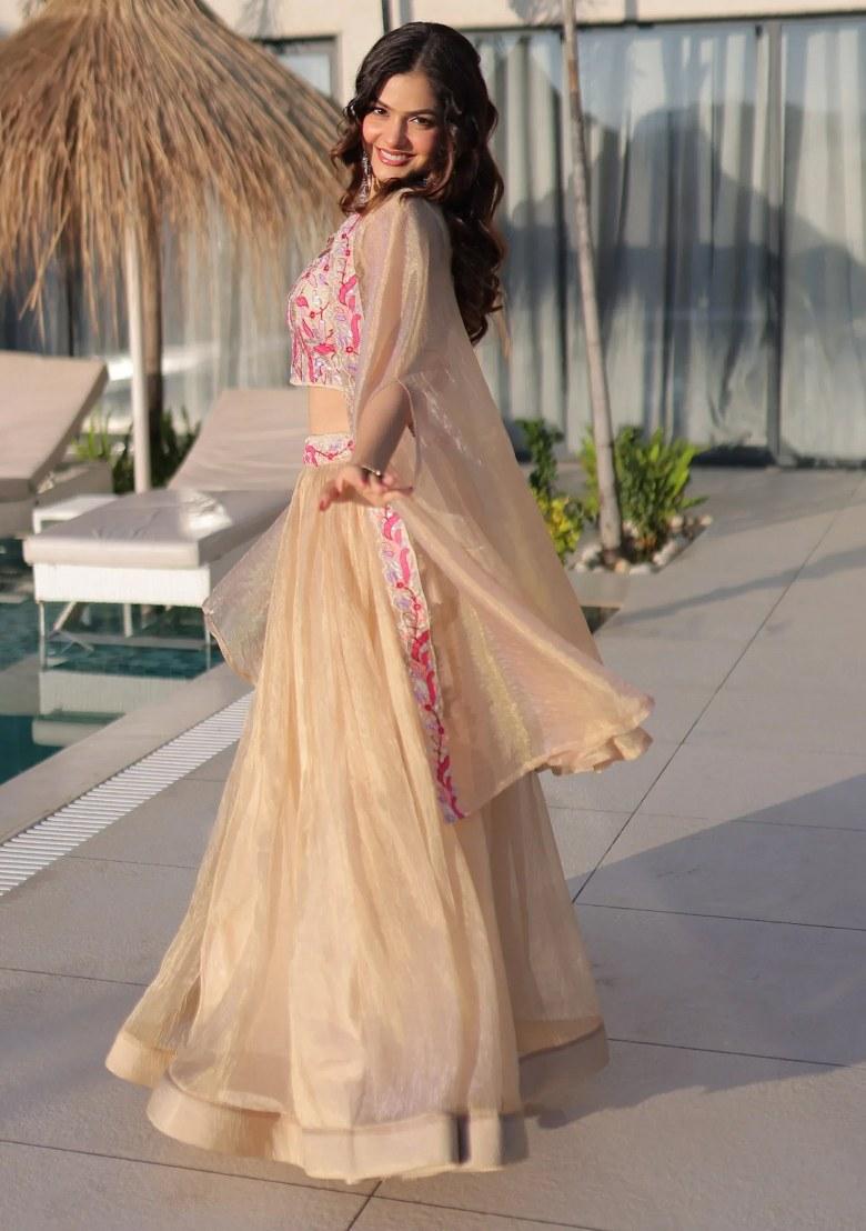 Cream Beads Work Organza Lehenga Set - Indya
