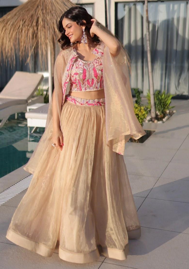 Cream Beads Work Organza Lehenga Set - Indya