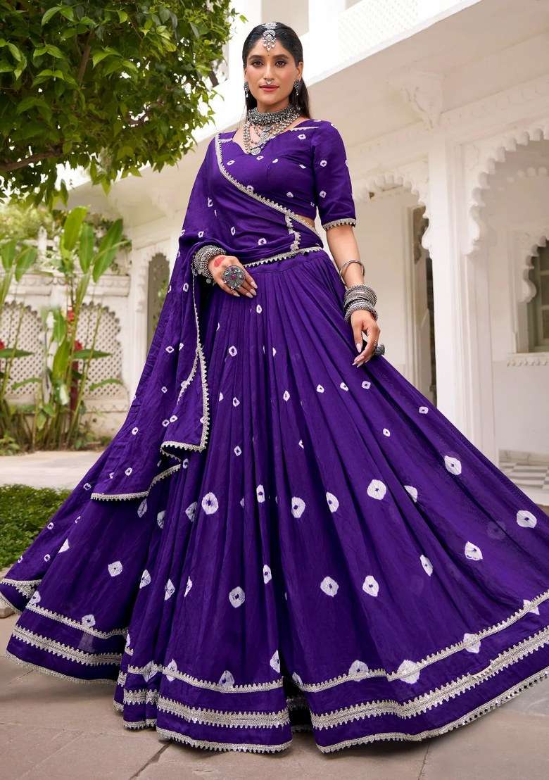 Purple Lace Work Silk Lehenga Set - Indya