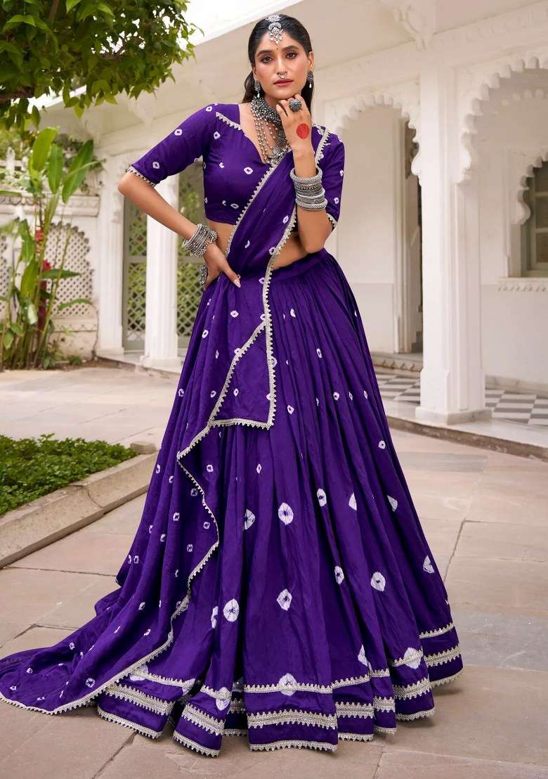 Purple Lace Work Silk Lehenga Set - Indya