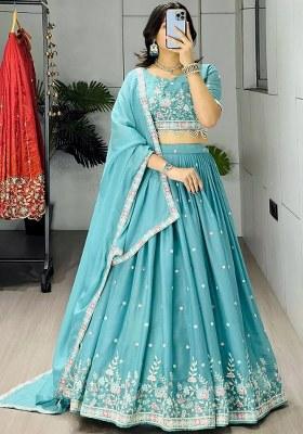 Blue Beads Work Georgette Lehenga Set