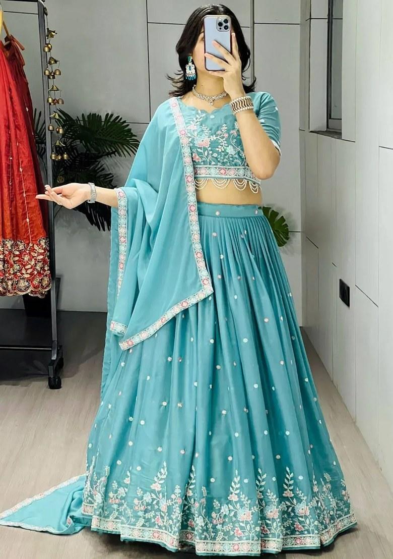 Blue Beads Work Georgette Lehenga Set - Indya