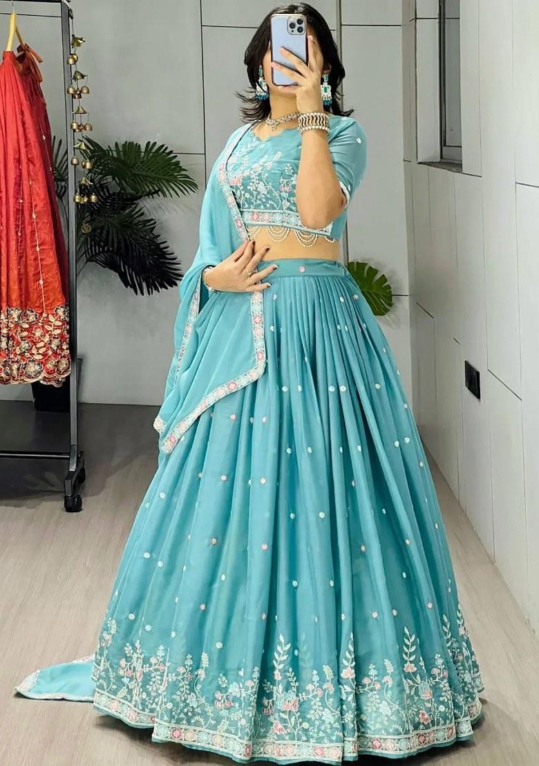 Blue Beads Work Georgette Lehenga Set - Indya
