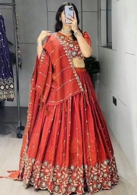 Orange Beads Work Silk Lehenga Set