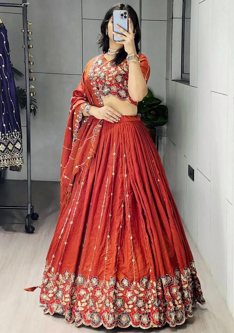 Orange Beads Work Silk Lehenga Set - Indya