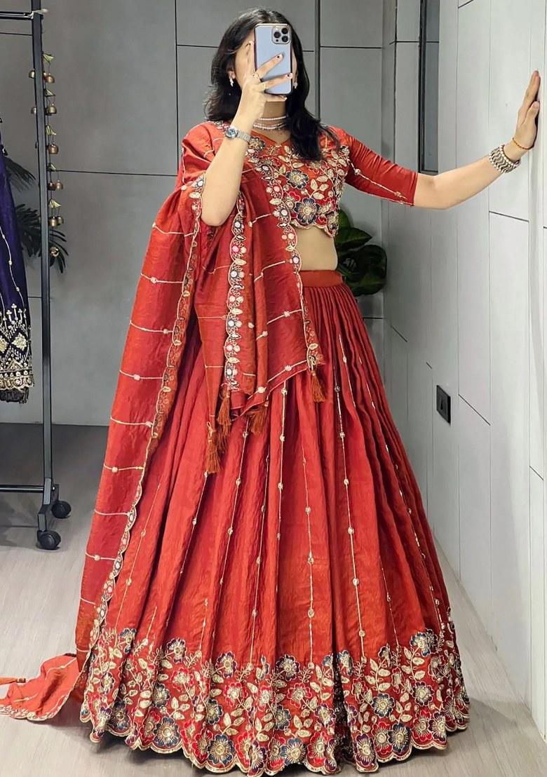 Orange Beads Work Silk Lehenga Set - Indya